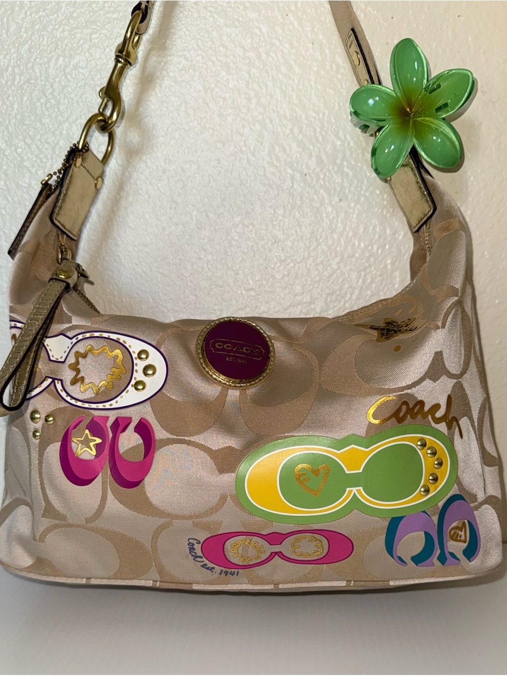 Coach Satin Logo Shoulder Bag in Gold with Green Flower Charm